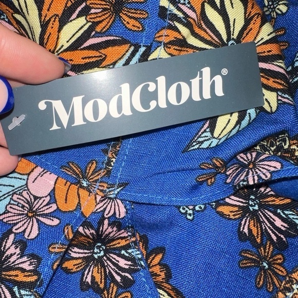 NWT ModCloth Bursting with Optimism Fit & Flare blue floral Dress 0 linen blend - Picture 4 of 7